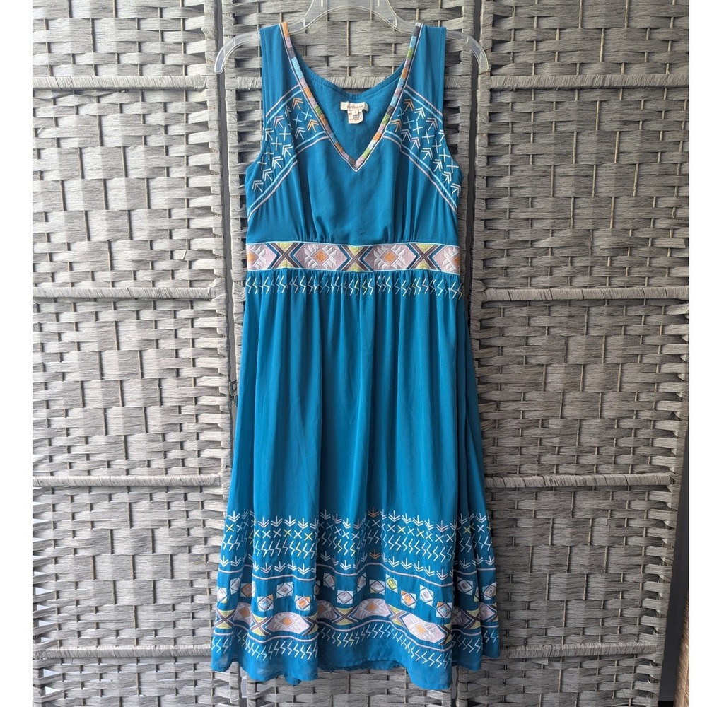 Sundance Midi Dress Teal Blue Embroidered V-Neck Sleeveless Sz 6 Boho Festival